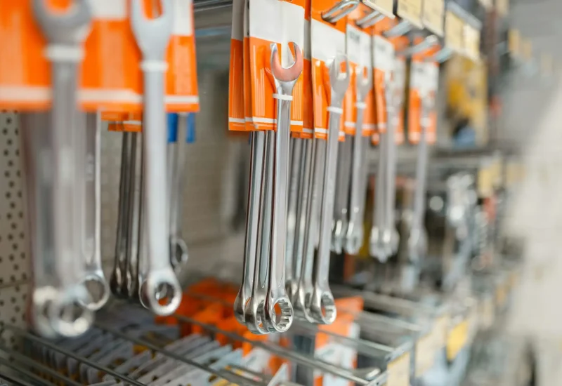 Rows of wrenches in hardware store closeup view